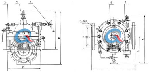 300X緩閉止回閥 外形結(jié)構(gòu)圖 (1、針閥2、主閥3、球閥4、壓力表5、單向閥）