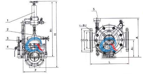 500X持壓泄壓閥 外形結(jié)構(gòu)圖(1、導(dǎo)閥2、針閥3、球閥4、主閥5、壓力表)